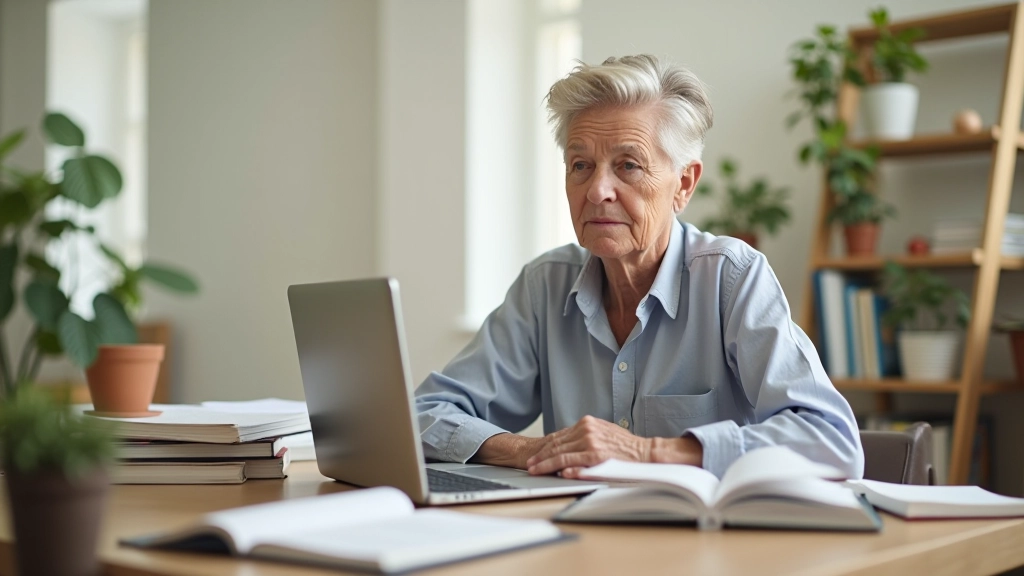 Mature student at desk with books and laptop, engaged in learning, library or study space with natural light