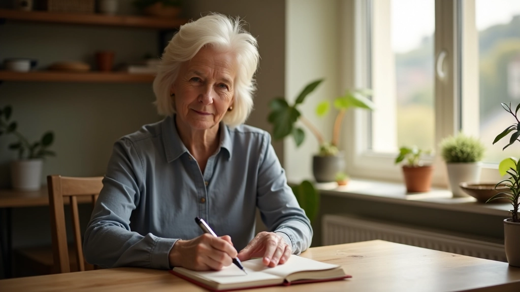 Person writing in journal at peaceful desk, morning light through window, calm workspace