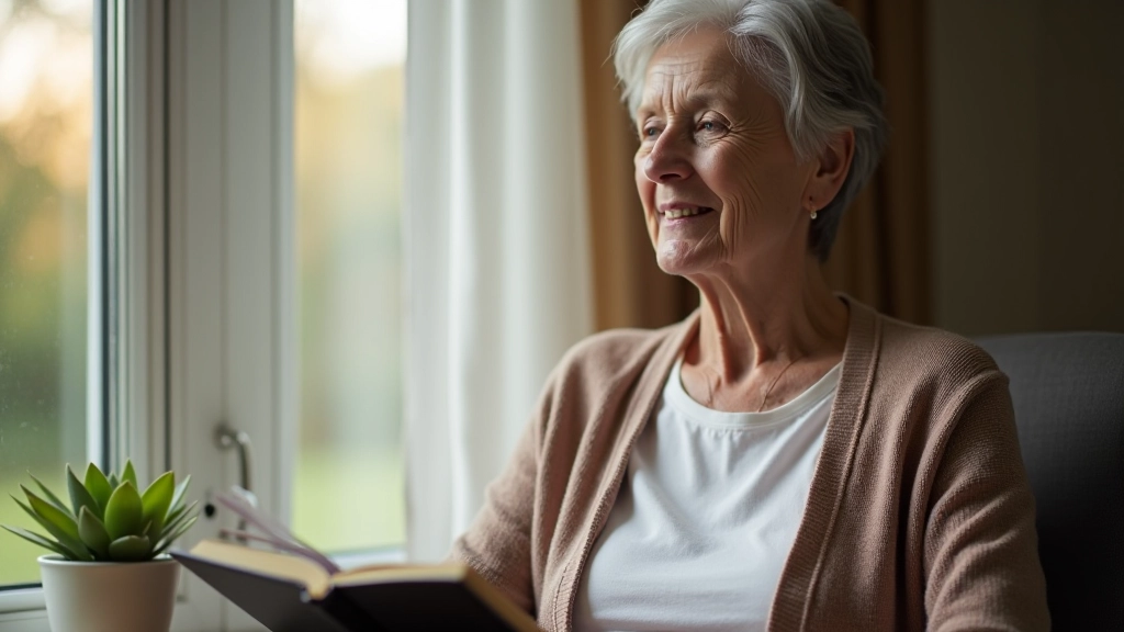 Person sitting peacefully by window, journaling and reflecting on life changes during retirement