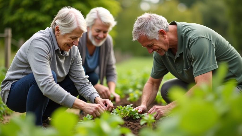 Volunteers working together in community garden, planting vegetables, diverse ages collaborating, green outdoor setting